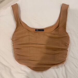 Zara Nude Ruched Mesh Corset Top — Tan / Beige / Neutral M